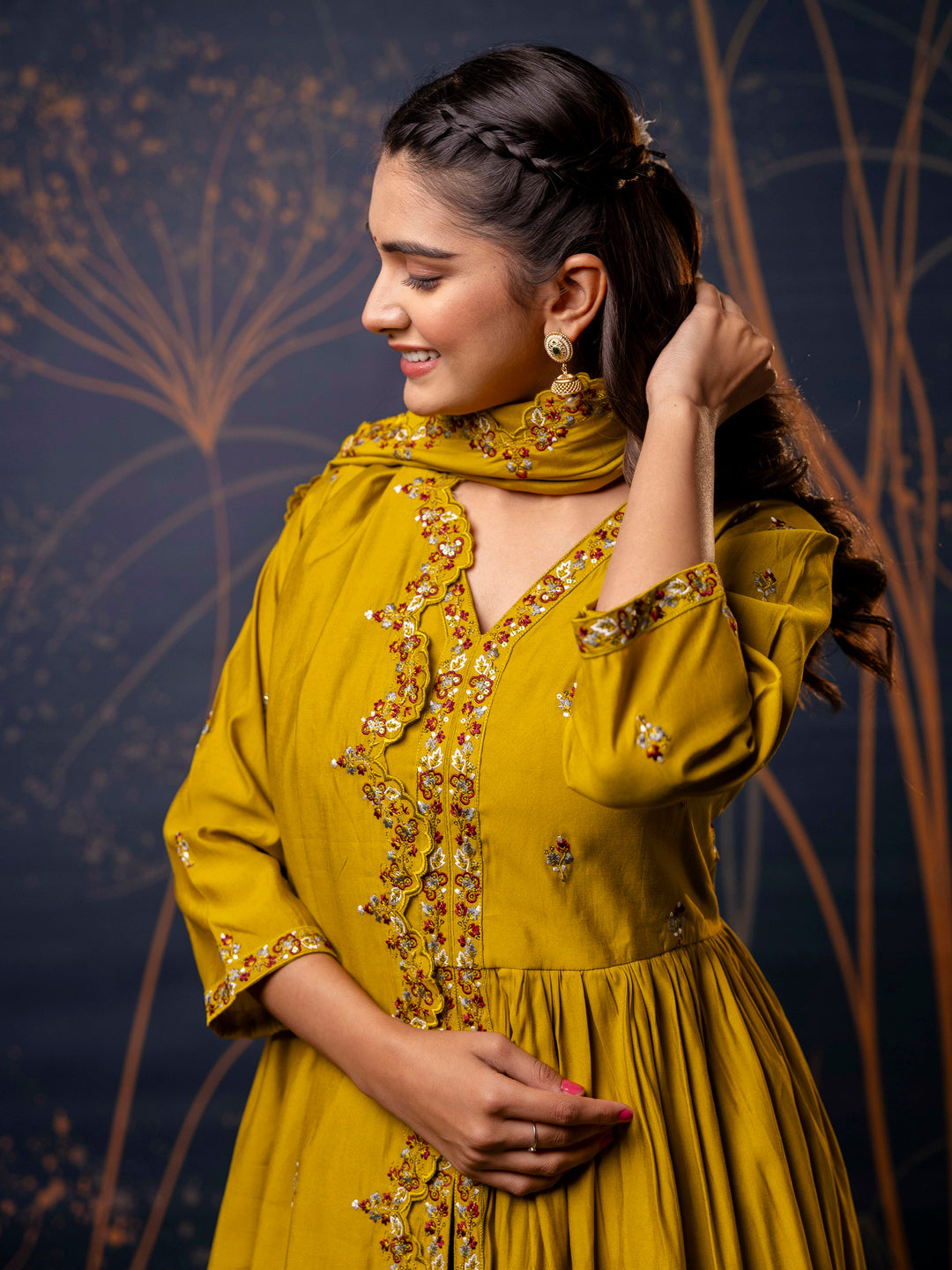 Women's Embroidered Silk Blend Calf Length Flare Kurta with Palazzo & Dupatta Set - FitVibe Fashion