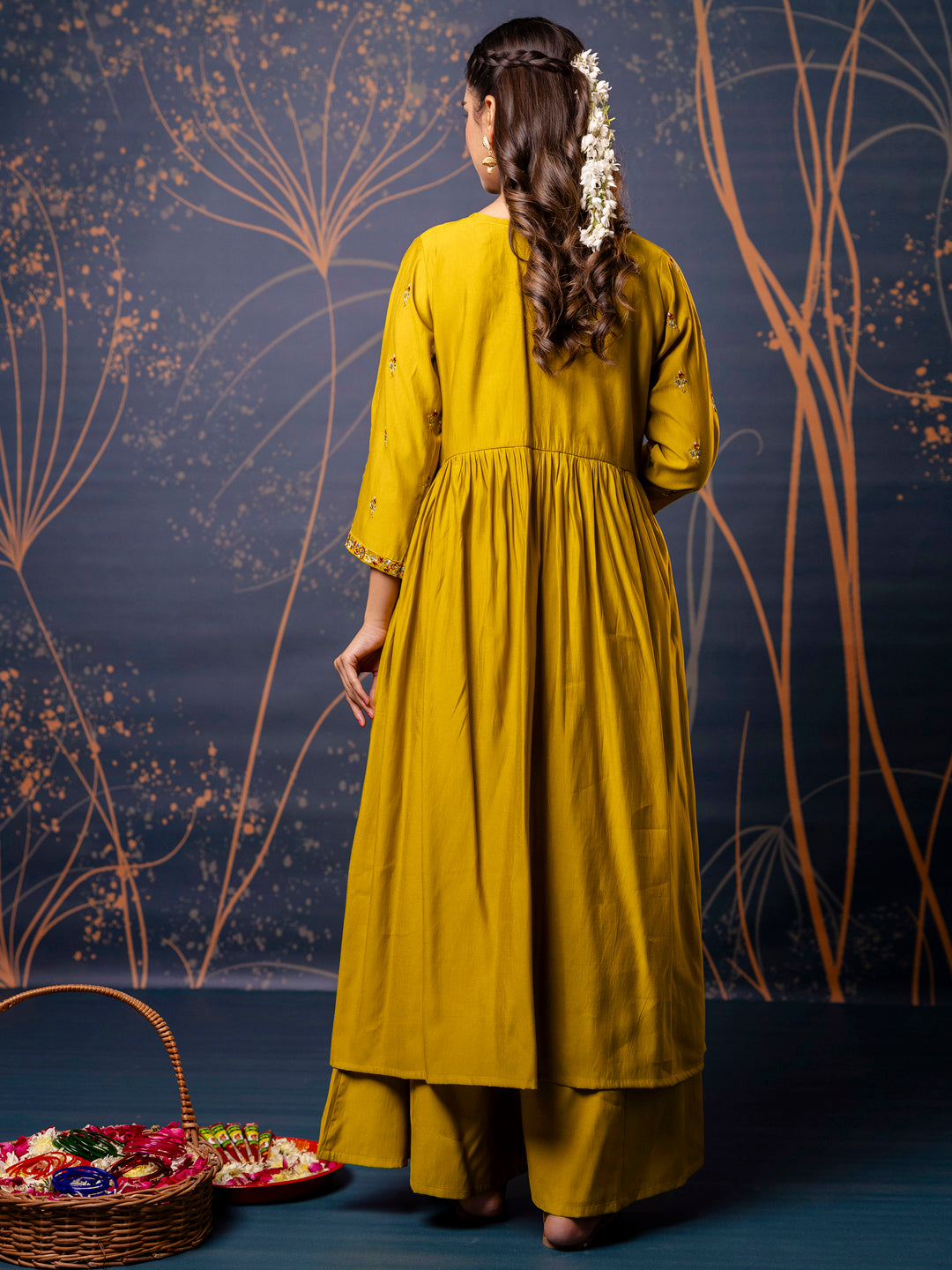 Women's Embroidered Silk Blend Calf Length Flare Kurta with Palazzo & Dupatta Set - FitVibe Fashion