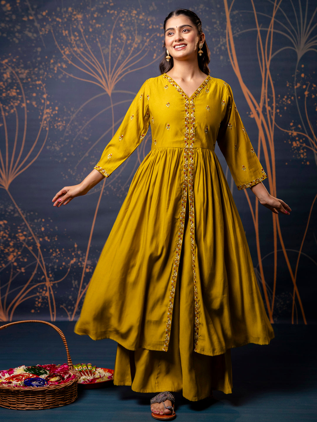 Women's Embroidered Silk Blend Calf Length Flare Kurta with Palazzo & Dupatta Set - FitVibe Fashion