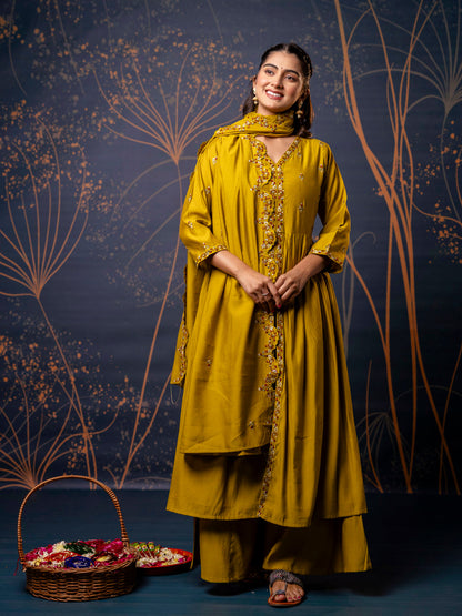 Women's Embroidered Silk Blend Calf Length Flare Kurta with Palazzo & Dupatta Set - FitVibe Fashion