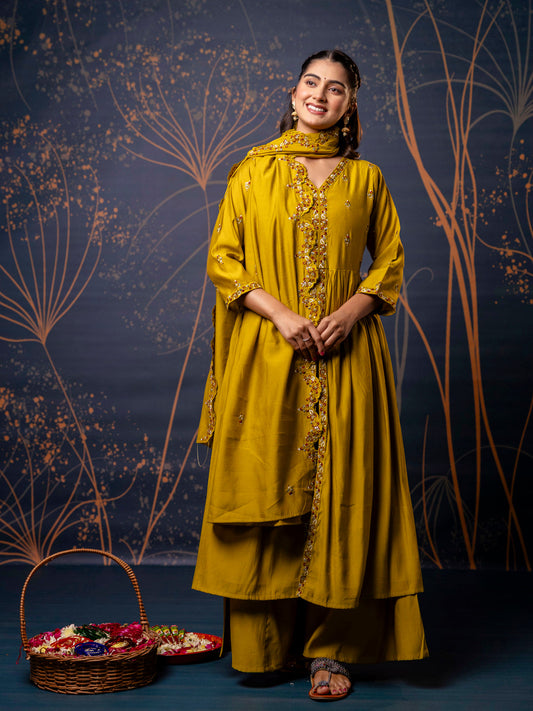 Women's Embroidered Silk Blend Calf Length Flare Kurta with Palazzo & Dupatta Set - FitVibe Fashion