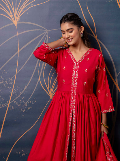 Women's Embroidered Silk Blend Calf Length Flare Kurta with Palazzo & Dupatta Set - FitVibe Fashion