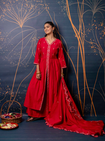 Women's Embroidered Silk Blend Calf Length Flare Kurta with Palazzo & Dupatta Set - FitVibe Fashion