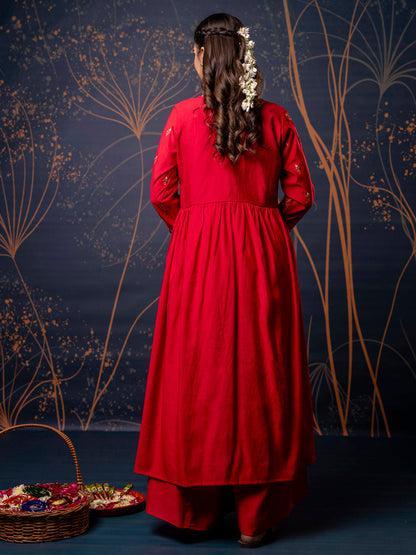 Women's Embroidered Silk Blend Calf Length Flare Kurta with Palazzo & Dupatta Set - FitVibe Fashion