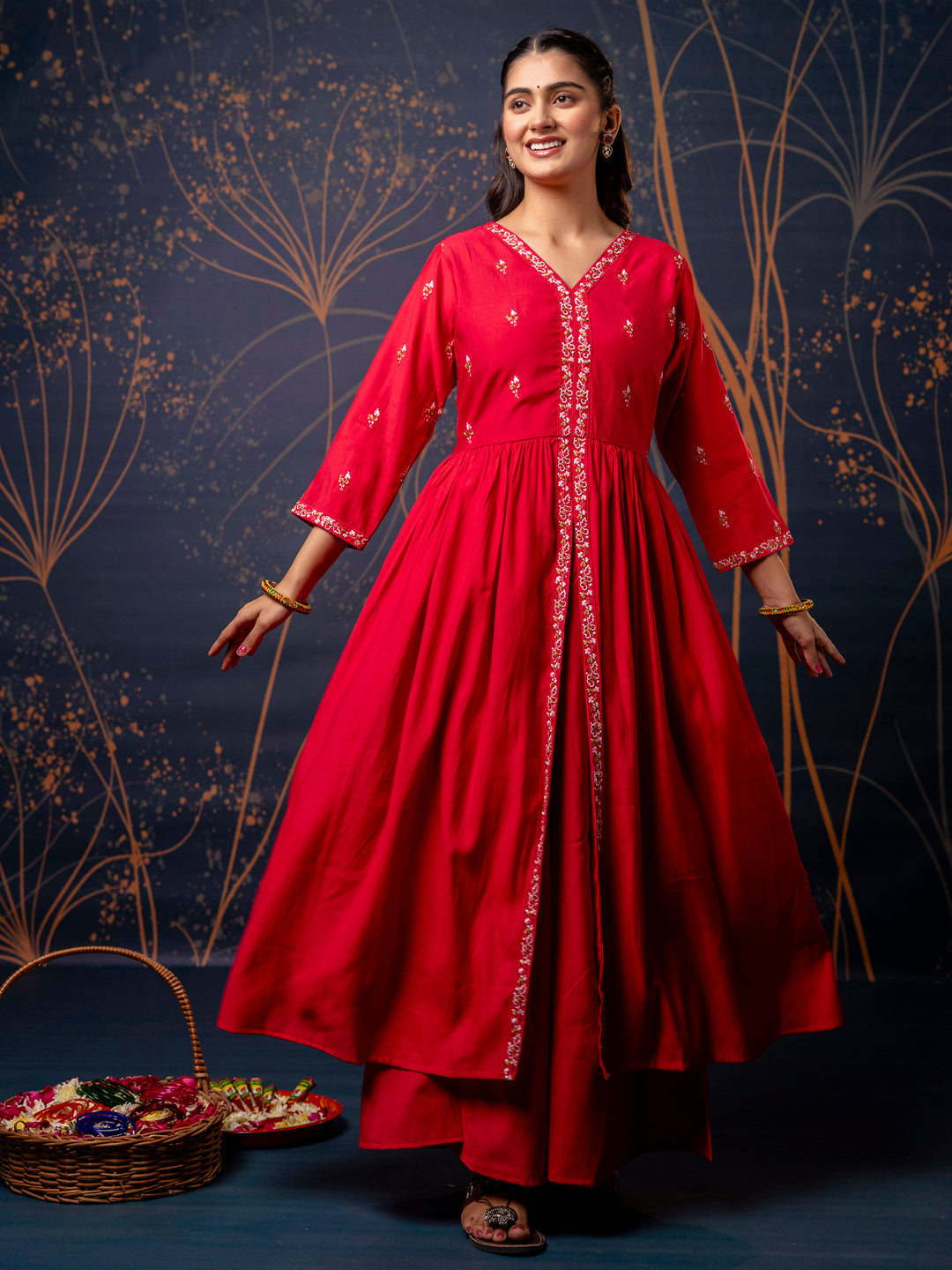 Women's Embroidered Silk Blend Calf Length Flare Kurta with Palazzo & Dupatta Set - FitVibe Fashion