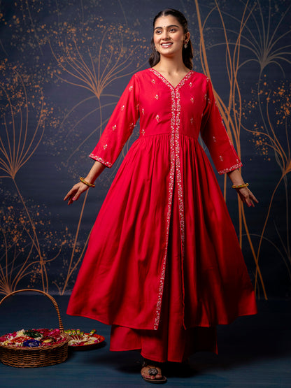 Women's Embroidered Silk Blend Calf Length Flare Kurta with Palazzo & Dupatta Set - FitVibe Fashion