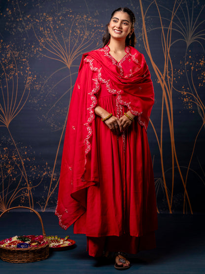 Women's Embroidered Silk Blend Calf Length Flare Kurta with Palazzo & Dupatta Set - FitVibe Fashion