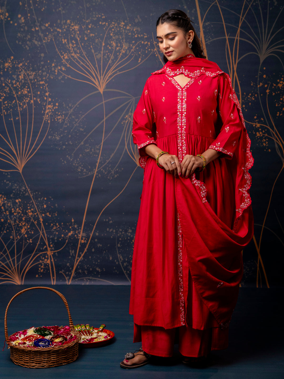 Women's Embroidered Silk Blend Calf Length Flare Kurta with Palazzo & Dupatta Set - FitVibe Fashion