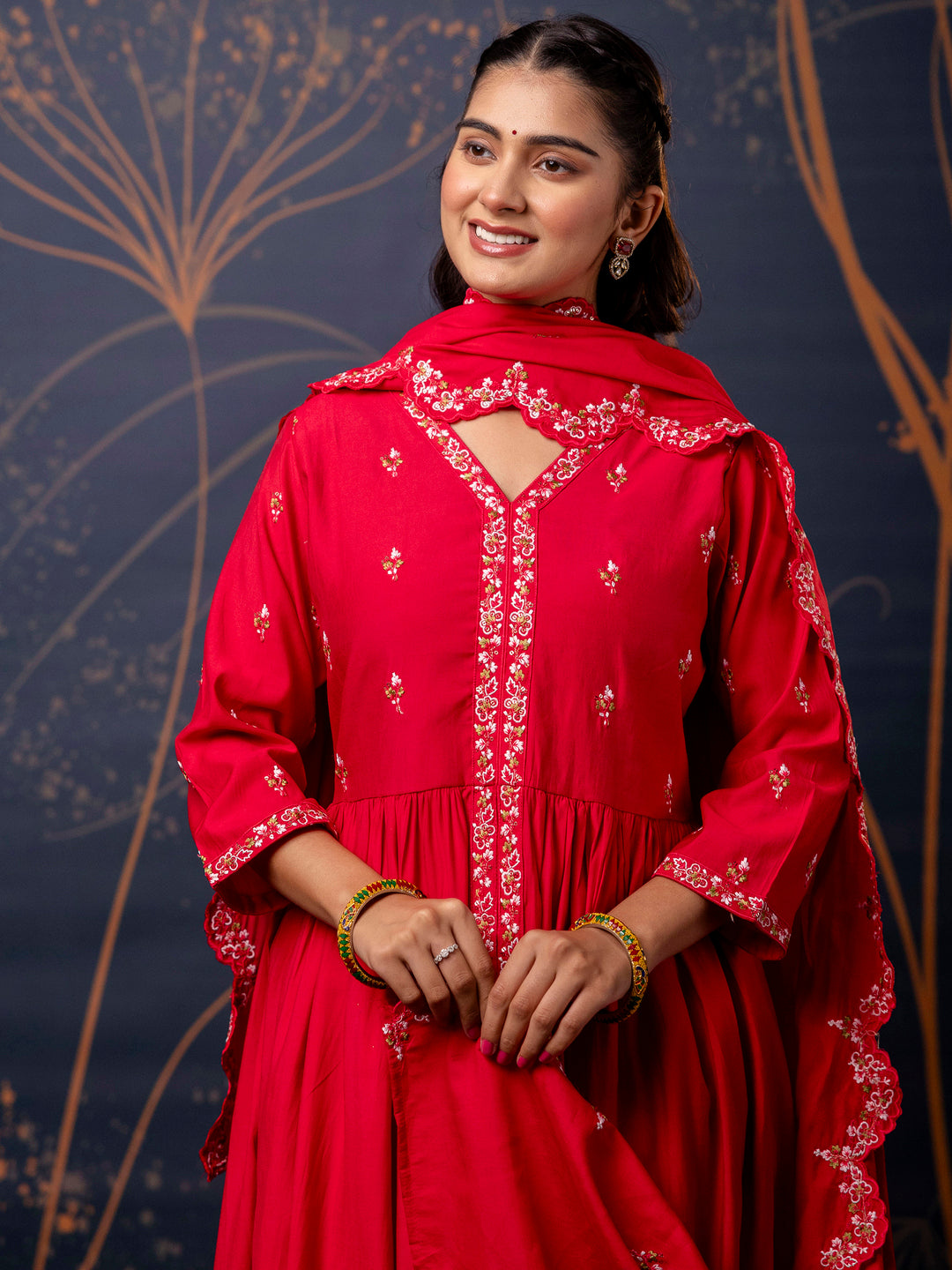 Women's Embroidered Silk Blend Calf Length Flare Kurta with Palazzo & Dupatta Set - FitVibe Fashion