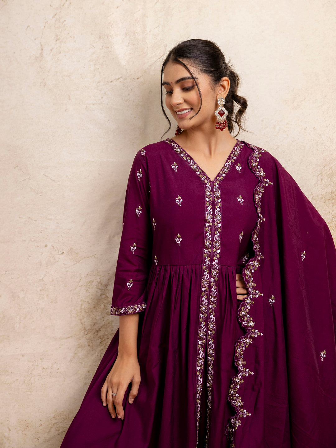 Women's Embroidered Silk Blend Calf Length Flare Kurta with Palazzo & Dupatta Set - FitVibe Fashion