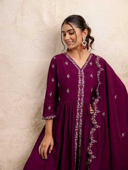 Women's Embroidered Silk Blend Calf Length Flare Kurta with Palazzo & Dupatta Set - FitVibe Fashion