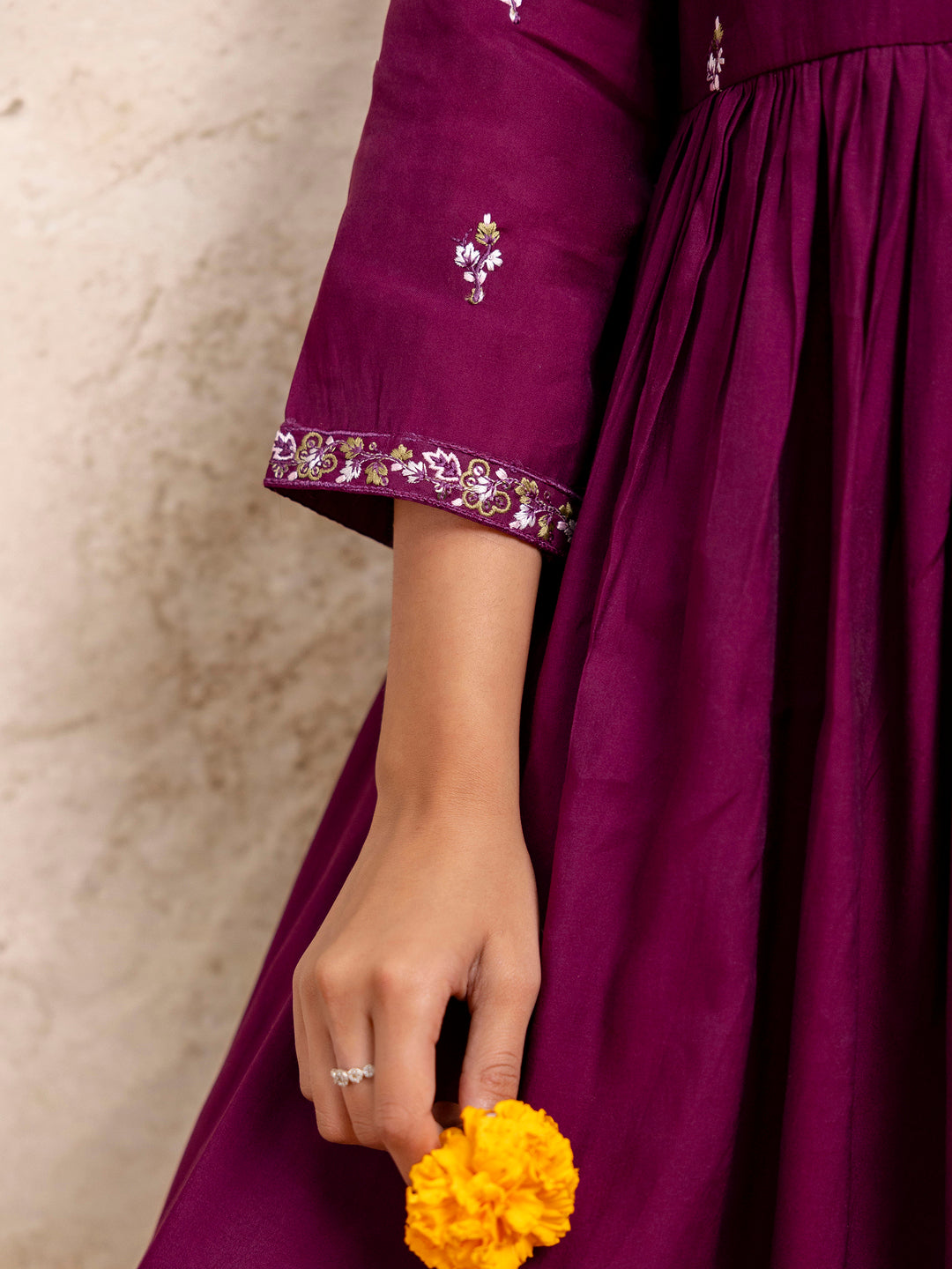 Women's Embroidered Silk Blend Calf Length Flare Kurta with Palazzo & Dupatta Set - FitVibe Fashion