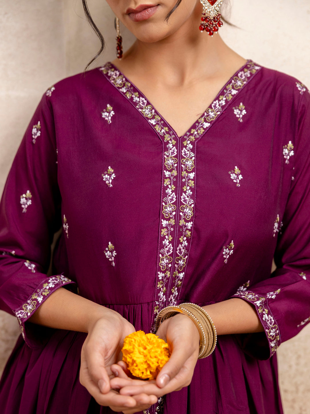 Women's Embroidered Silk Blend Calf Length Flare Kurta with Palazzo & Dupatta Set - FitVibe Fashion