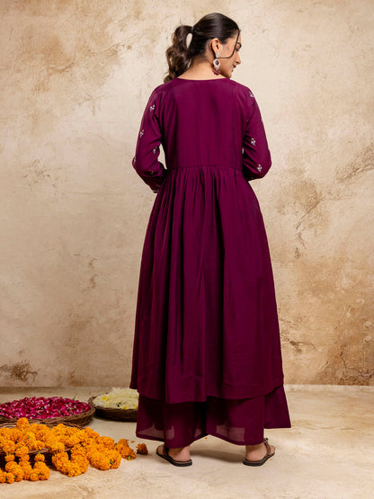 Women's Embroidered Silk Blend Calf Length Flare Kurta with Palazzo & Dupatta Set - FitVibe Fashion