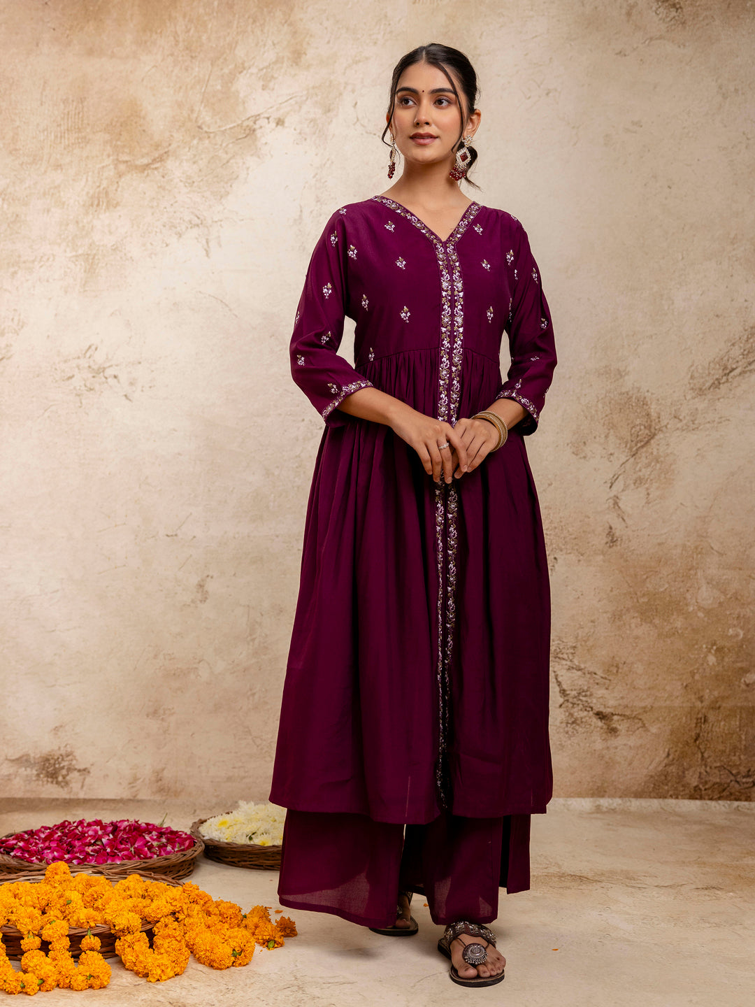 Women's Embroidered Silk Blend Calf Length Flare Kurta with Palazzo & Dupatta Set - FitVibe Fashion