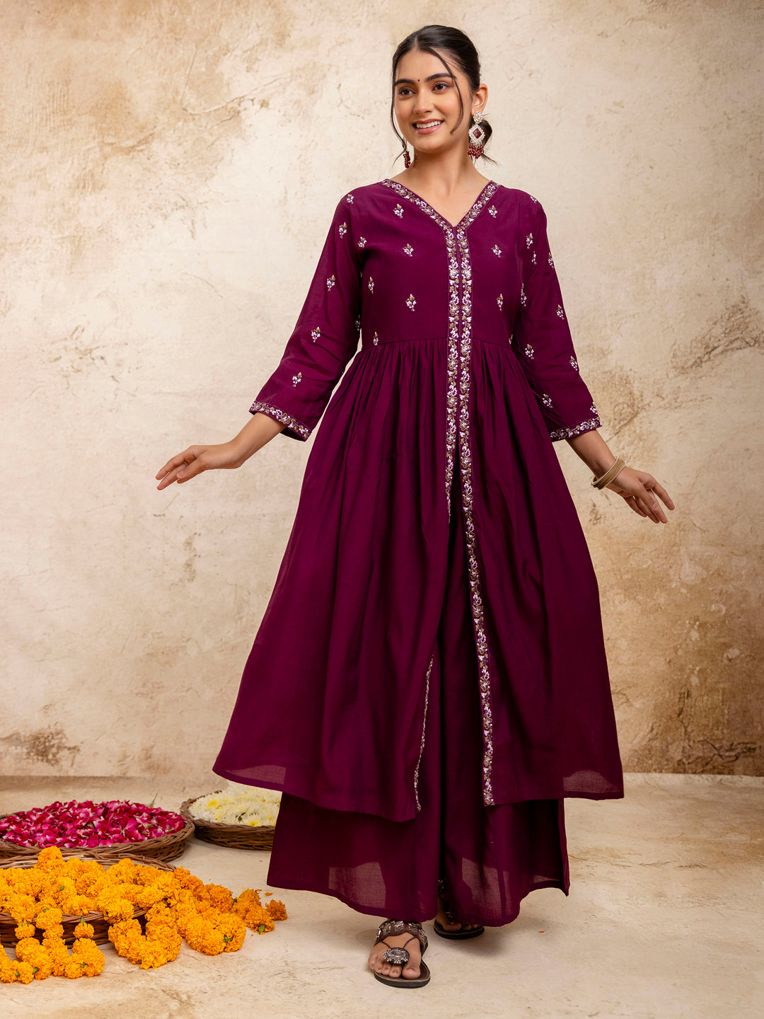Women's Embroidered Silk Blend Calf Length Flare Kurta with Palazzo & Dupatta Set - FitVibe Fashion