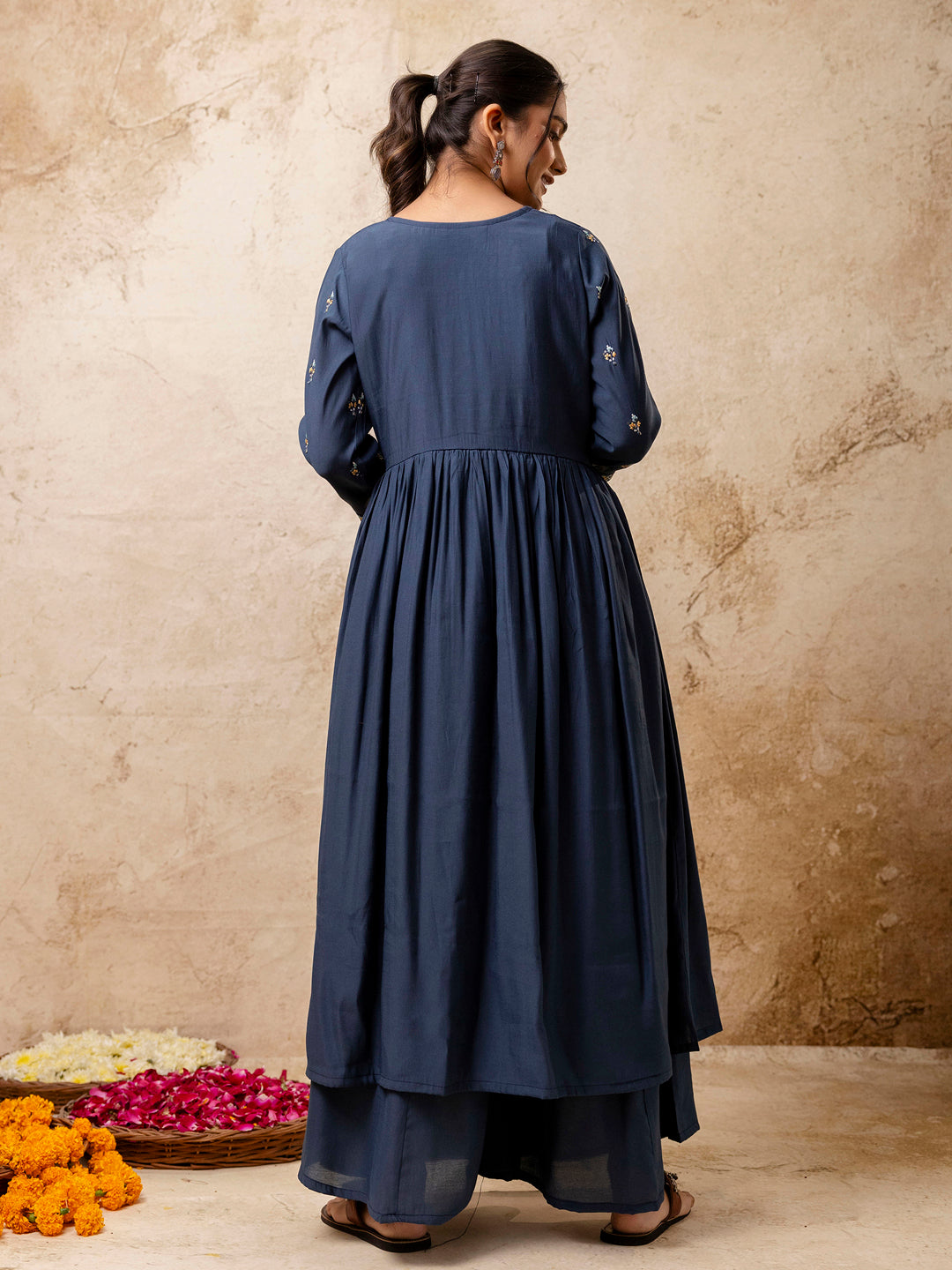 Women's Embroidered Silk Blend Calf Length Flare Kurta with Palazzo & Dupatta Set - FitVibe Fashion