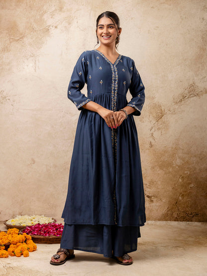 Women's Embroidered Silk Blend Calf Length Flare Kurta with Palazzo & Dupatta Set - FitVibe Fashion