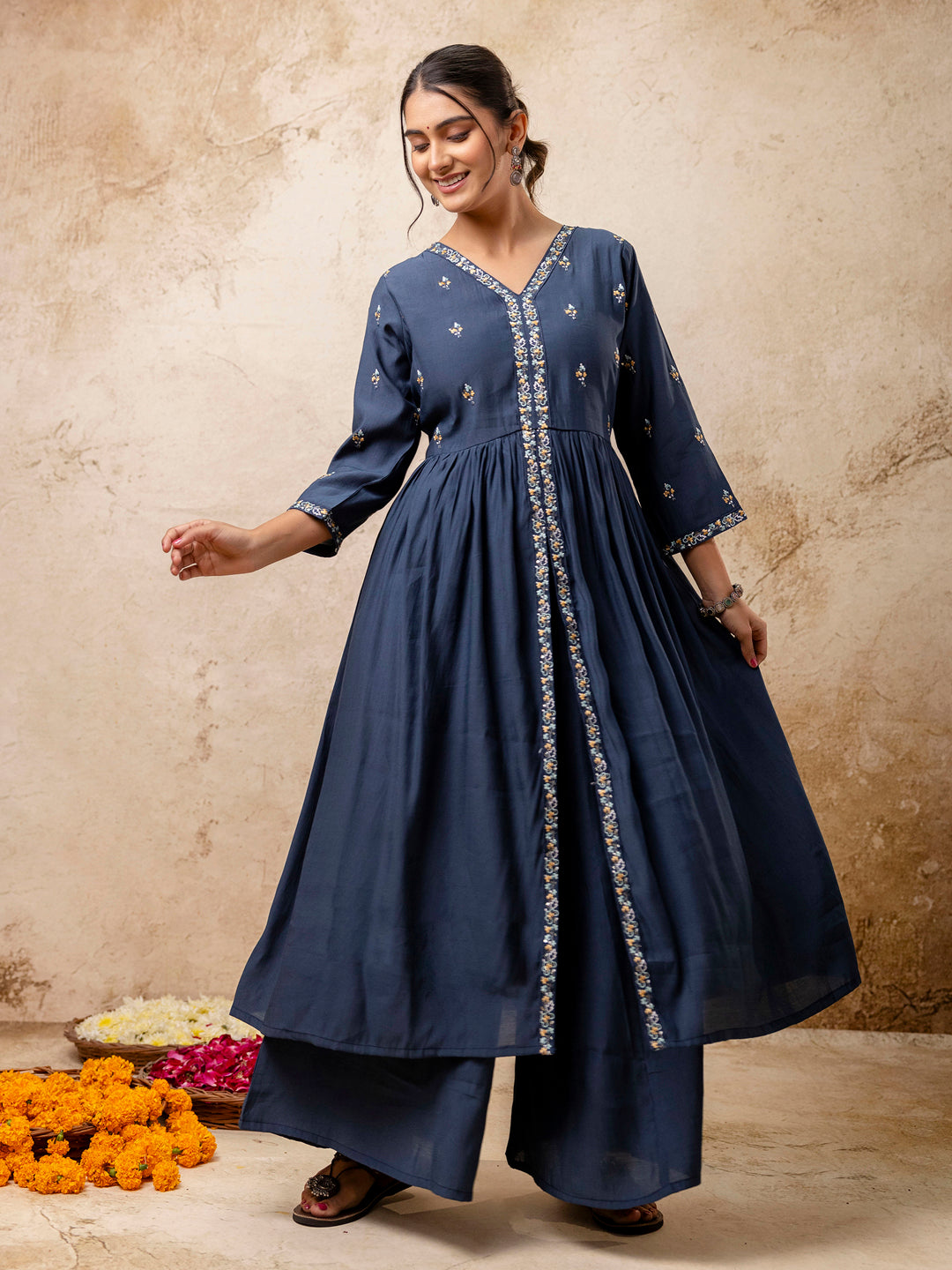 Women's Embroidered Silk Blend Calf Length Flare Kurta with Palazzo & Dupatta Set - FitVibe Fashion