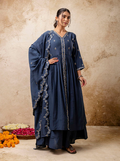 Women's Embroidered Silk Blend Calf Length Flare Kurta with Palazzo & Dupatta Set - FitVibe Fashion