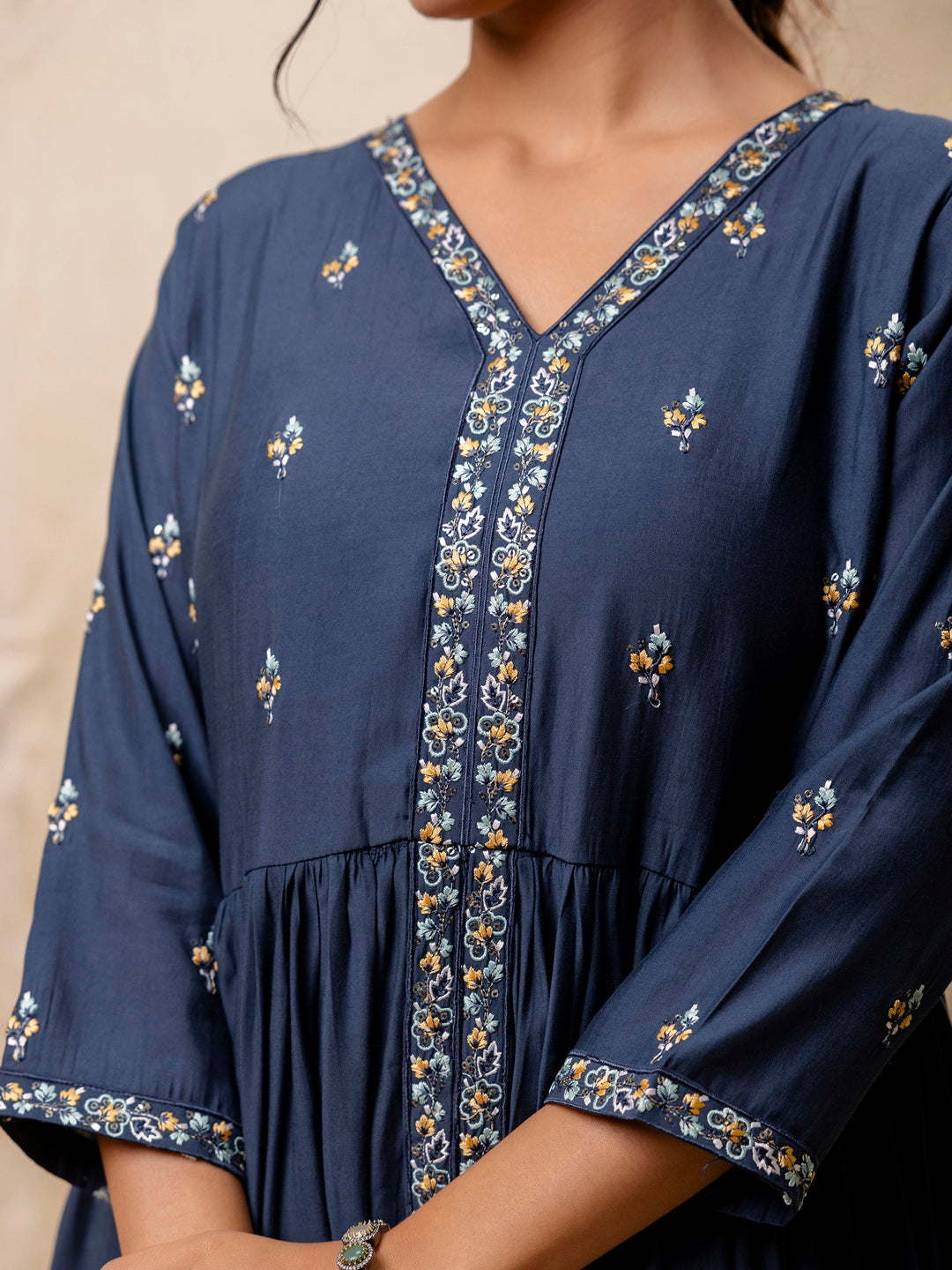 Women's Embroidered Silk Blend Calf Length Flare Kurta with Palazzo & Dupatta Set - FitVibe Fashion