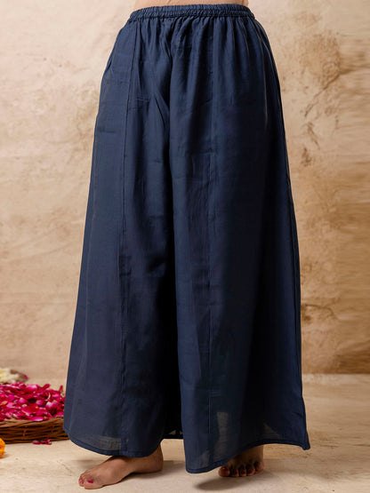 Women's Embroidered Silk Blend Calf Length Flare Kurta with Palazzo & Dupatta Set - FitVibe Fashion