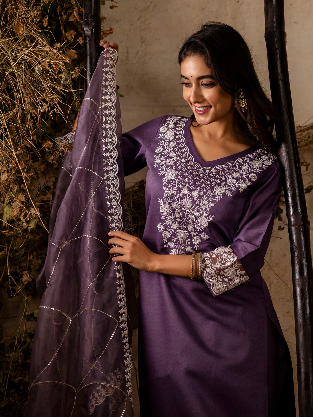 Women's Embroidered Silk Blend Calf Length Straight Kurta Trouser with Dupatta Set - FitVibe Fashion