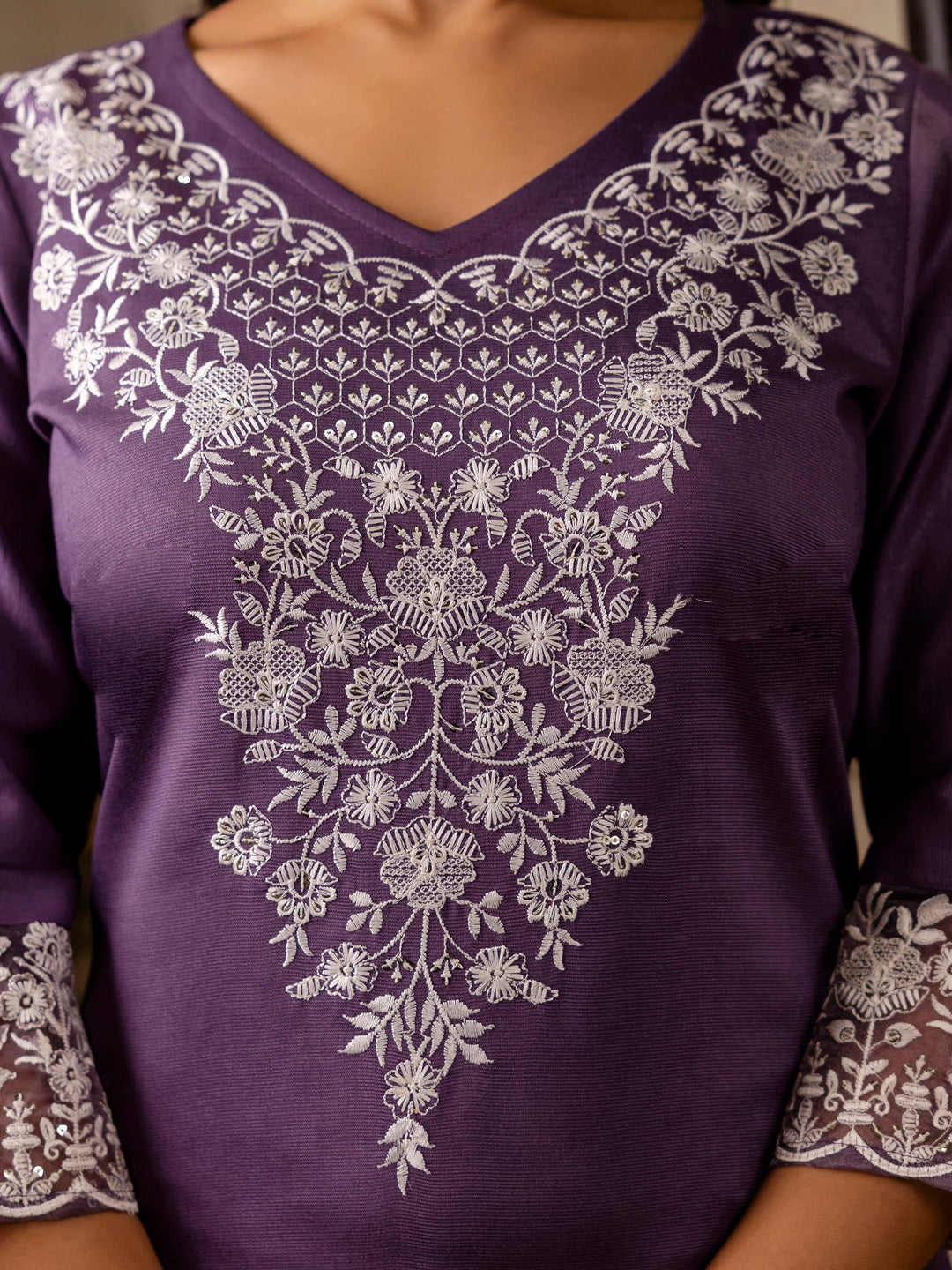 Women's Embroidered Silk Blend Calf Length Straight Kurta Trouser with Dupatta Set - FitVibe Fashion