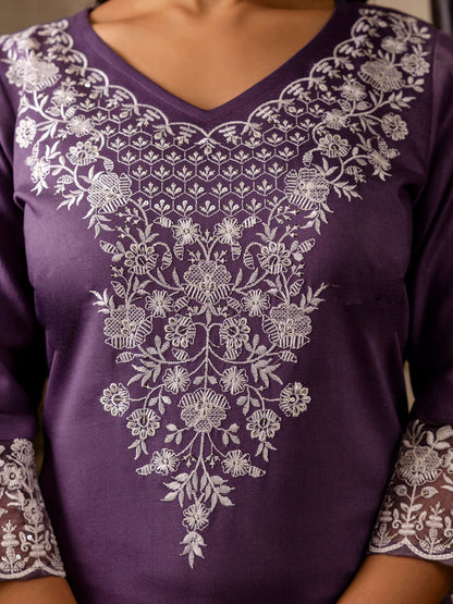 Women's Embroidered Silk Blend Calf Length Straight Kurta Trouser with Dupatta Set - FitVibe Fashion