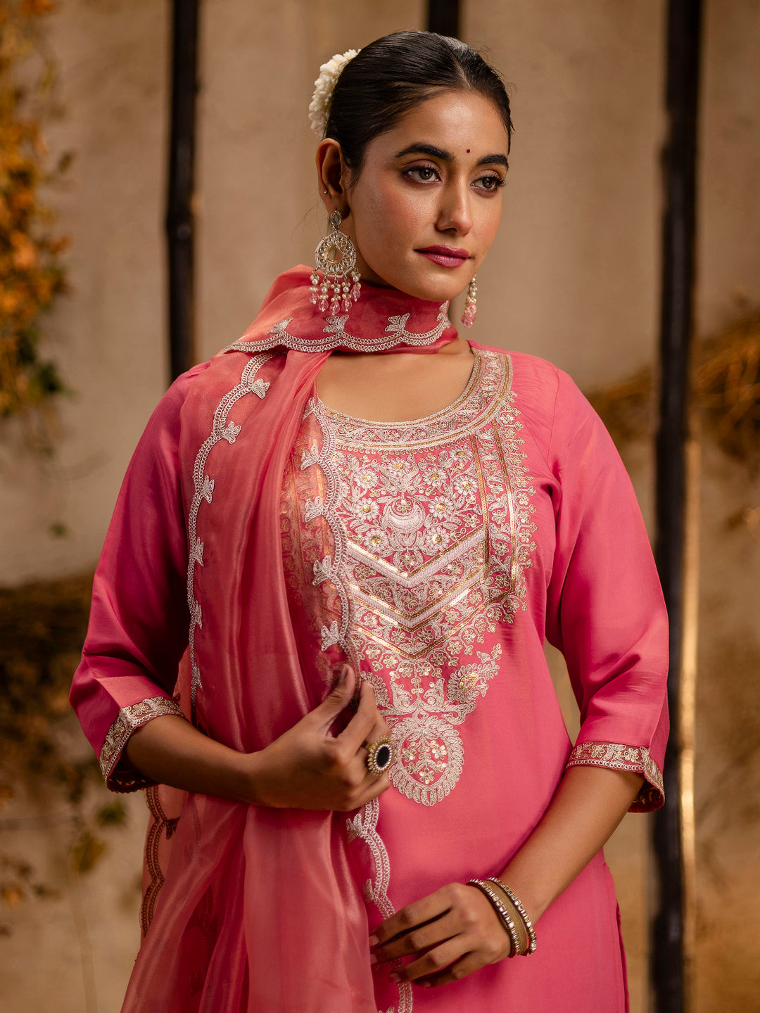 Women's Embroidered Silk Blend Calf Length Straight Kurta Trouser with Dupatta Set - FitVibe Fashion