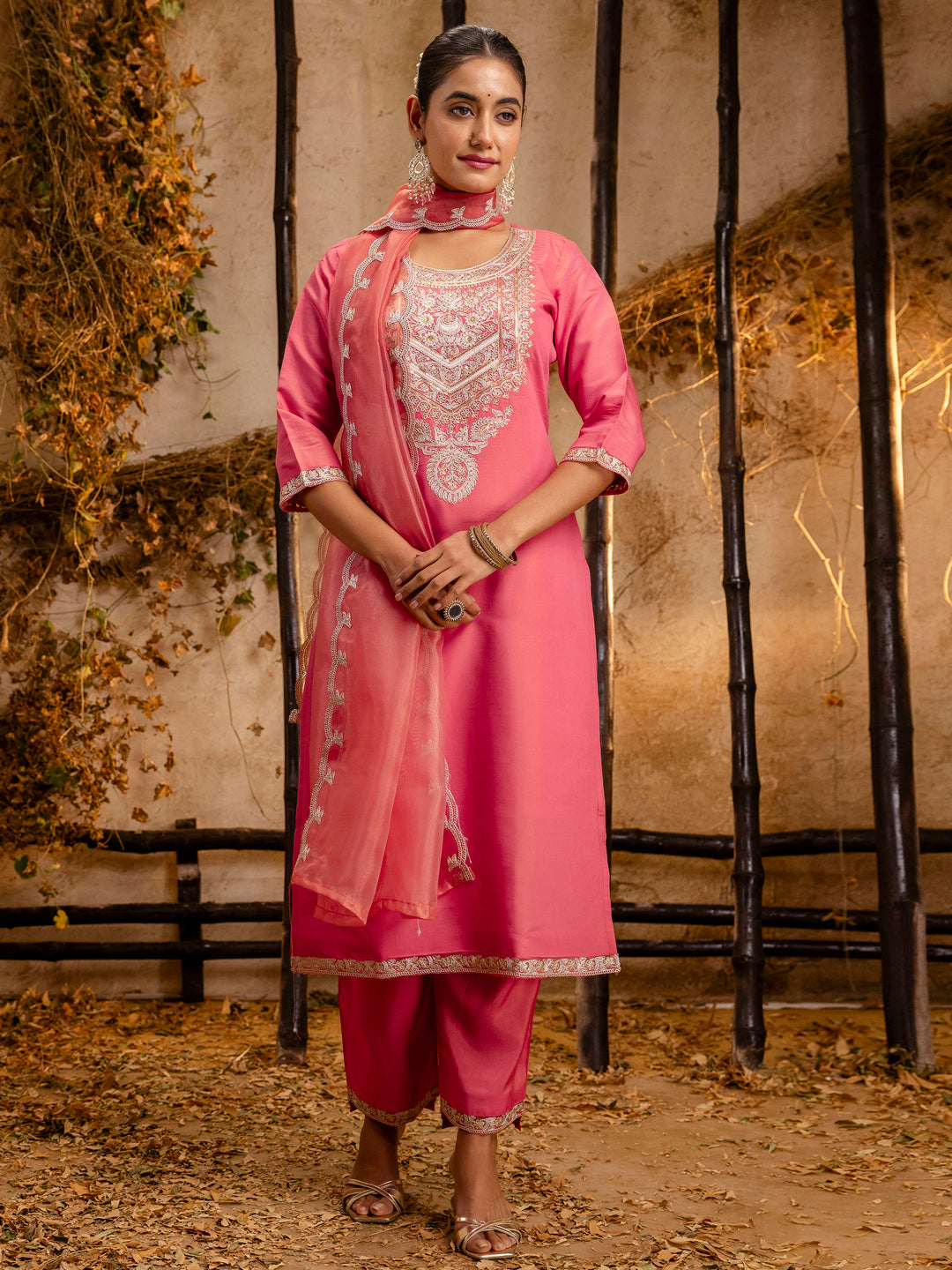 Women's Embroidered Silk Blend Calf Length Straight Kurta Trouser with Dupatta Set - FitVibe Fashion