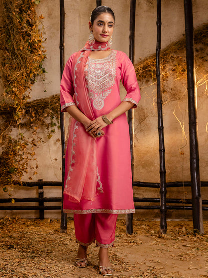 Women's Embroidered Silk Blend Calf Length Straight Kurta Trouser with Dupatta Set - FitVibe Fashion