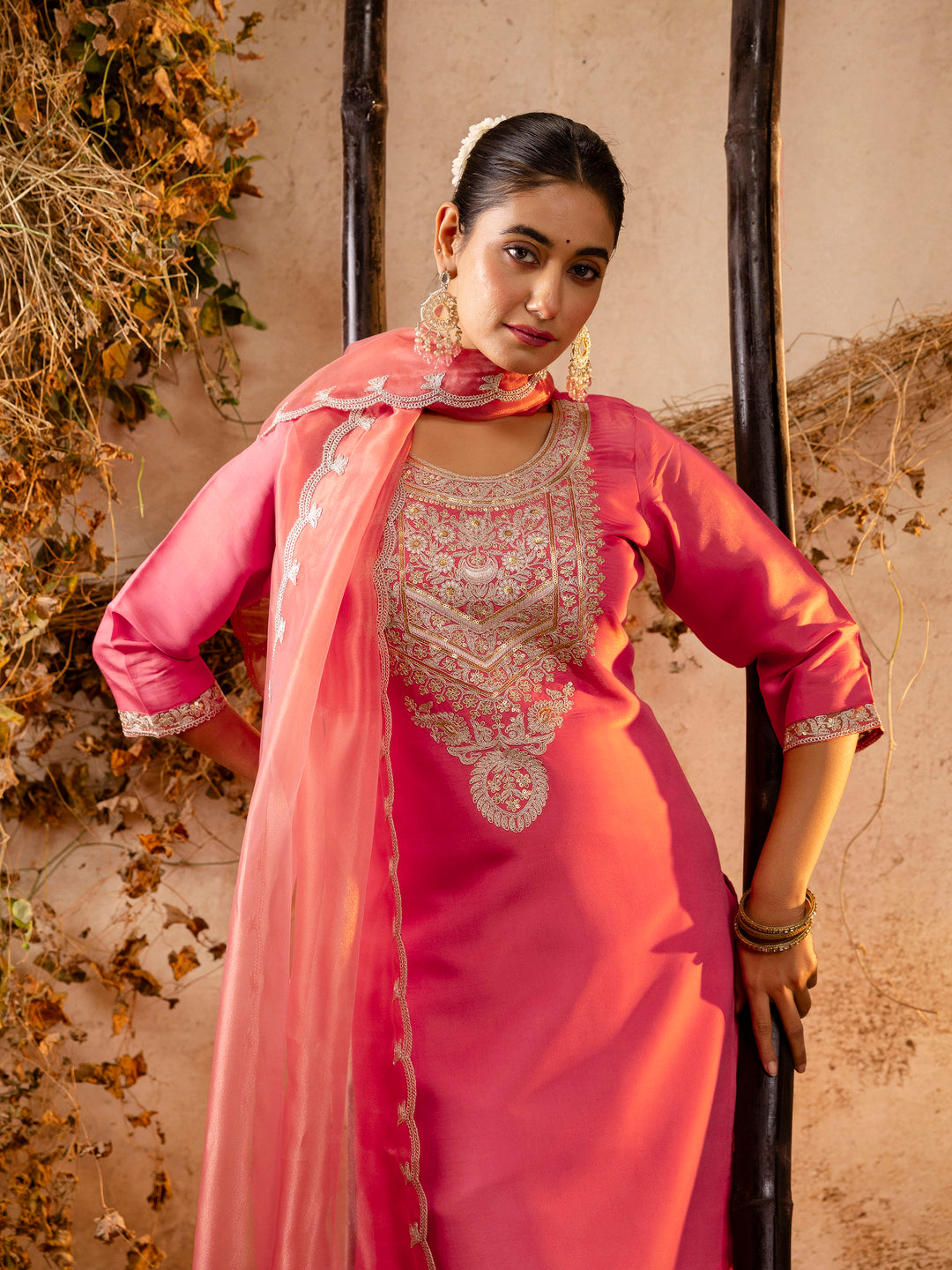 Women's Embroidered Silk Blend Calf Length Straight Kurta Trouser with Dupatta Set - FitVibe Fashion