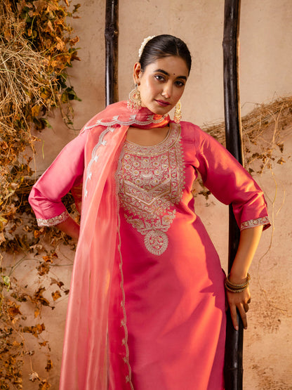 Women's Embroidered Silk Blend Calf Length Straight Kurta Trouser with Dupatta Set - FitVibe Fashion