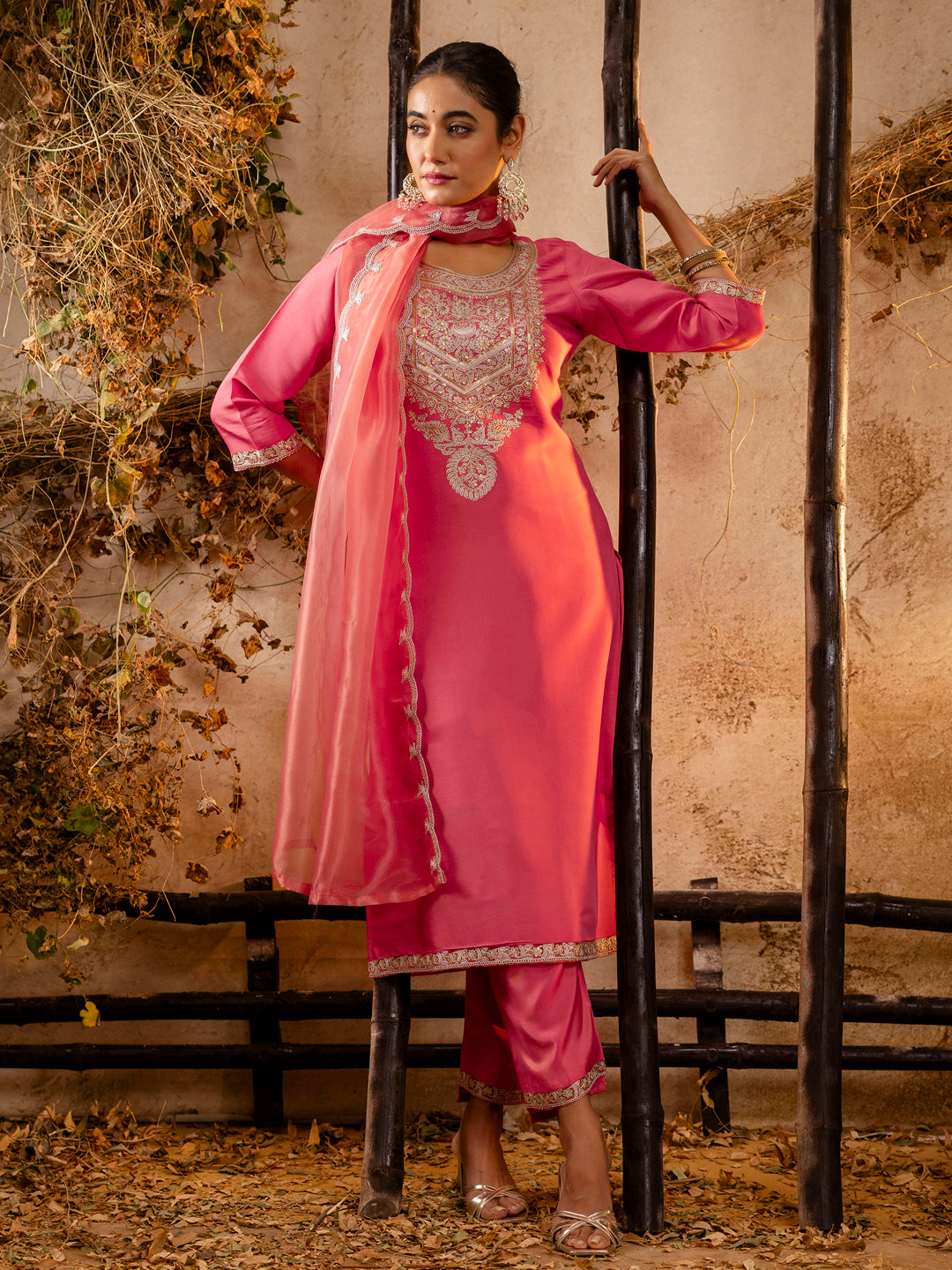 Women's Embroidered Silk Blend Calf Length Straight Kurta Trouser with Dupatta Set - FitVibe Fashion