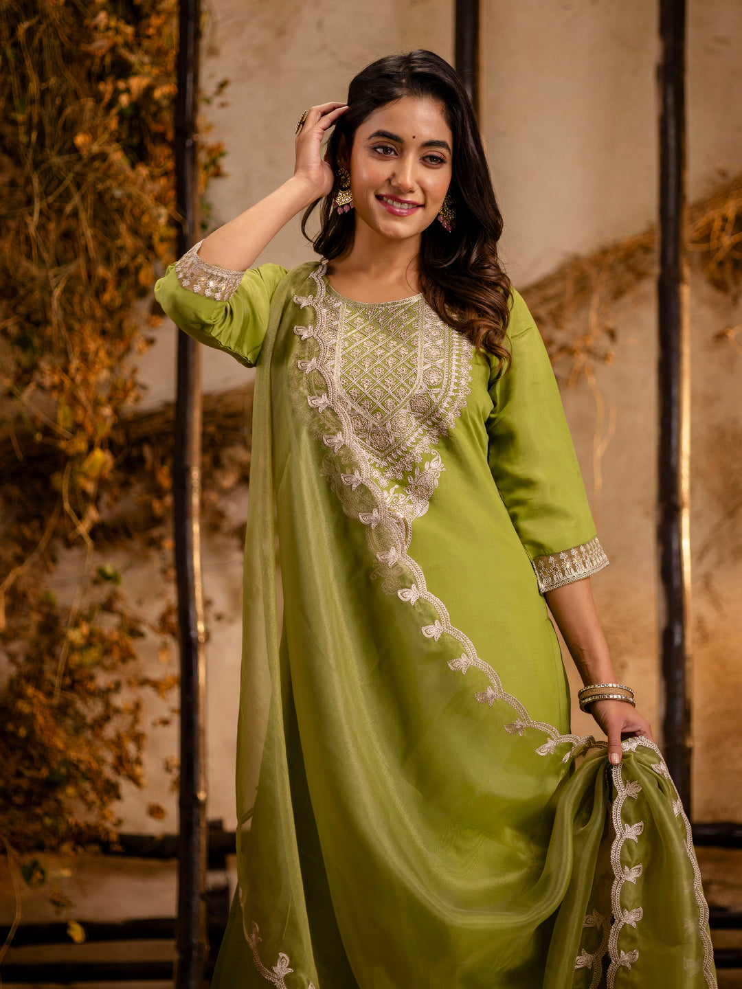 Women's Embroidered Silk Blend Calf Length Straight Kurta Trouser with Dupatta Set - FitVibe Fashion