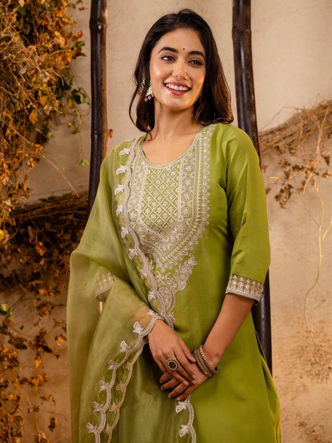 Women's Embroidered Silk Blend Calf Length Straight Kurta Trouser with Dupatta Set - FitVibe Fashion