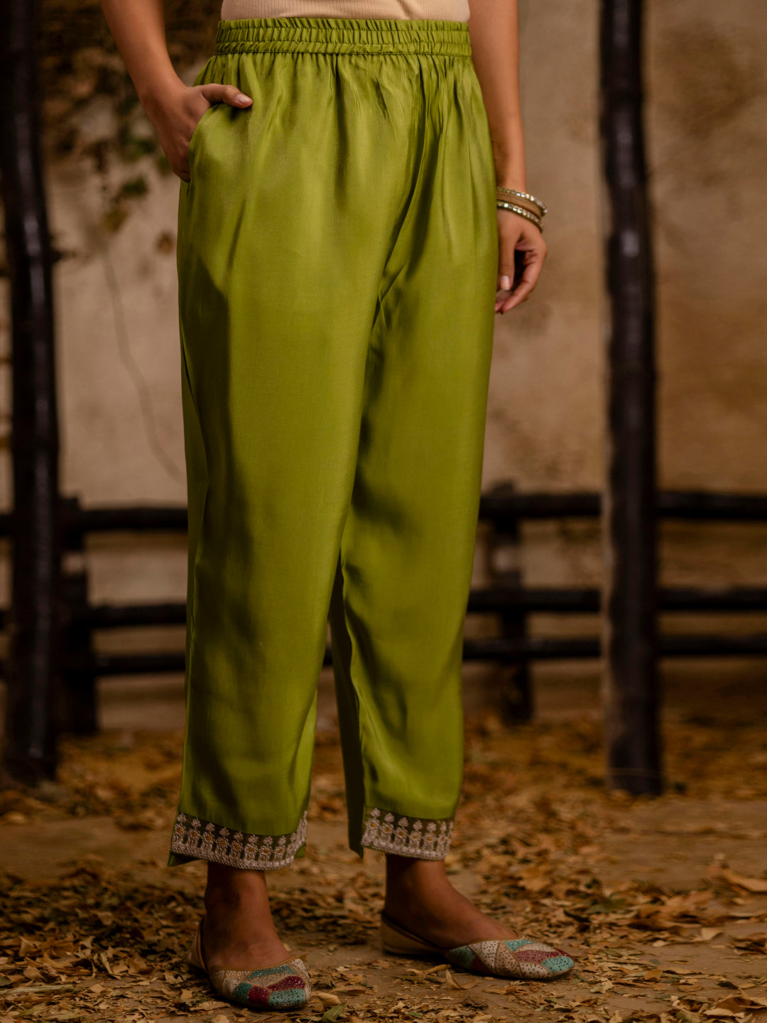 Women's Embroidered Silk Blend Calf Length Straight Kurta Trouser with Dupatta Set - FitVibe Fashion