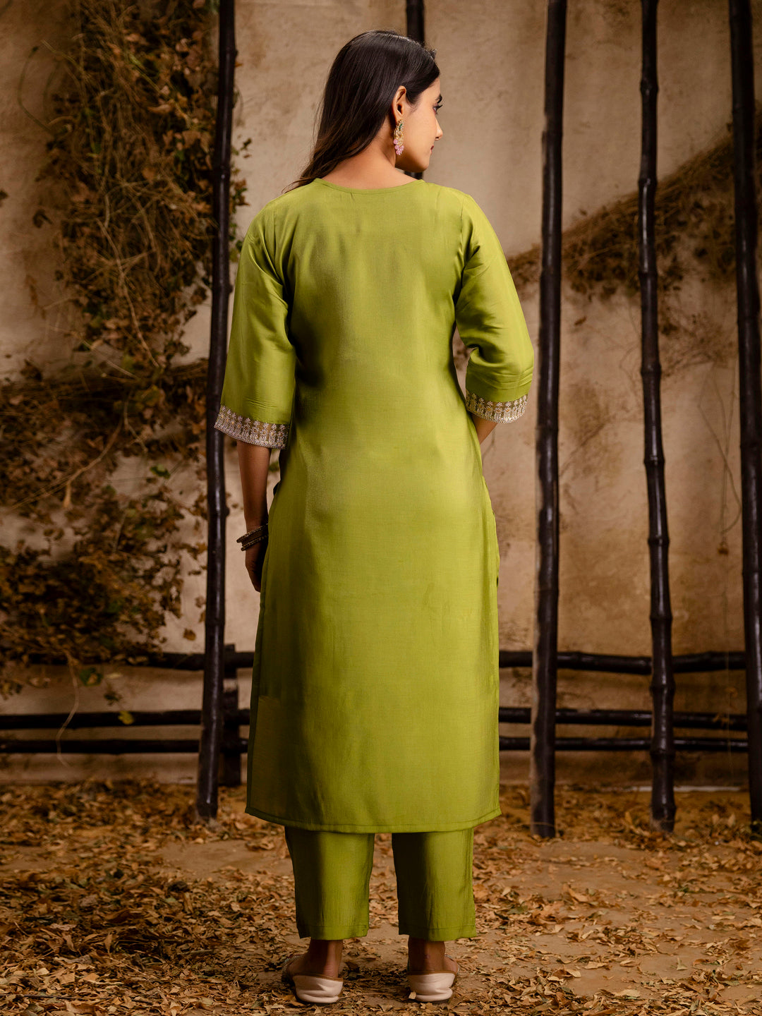 Women's Embroidered Silk Blend Calf Length Straight Kurta Trouser with Dupatta Set - FitVibe Fashion