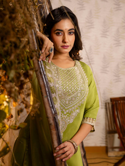 Women's Embroidered Silk Blend Calf Length Straight Kurta Trouser with Dupatta Set - FitVibe Fashion