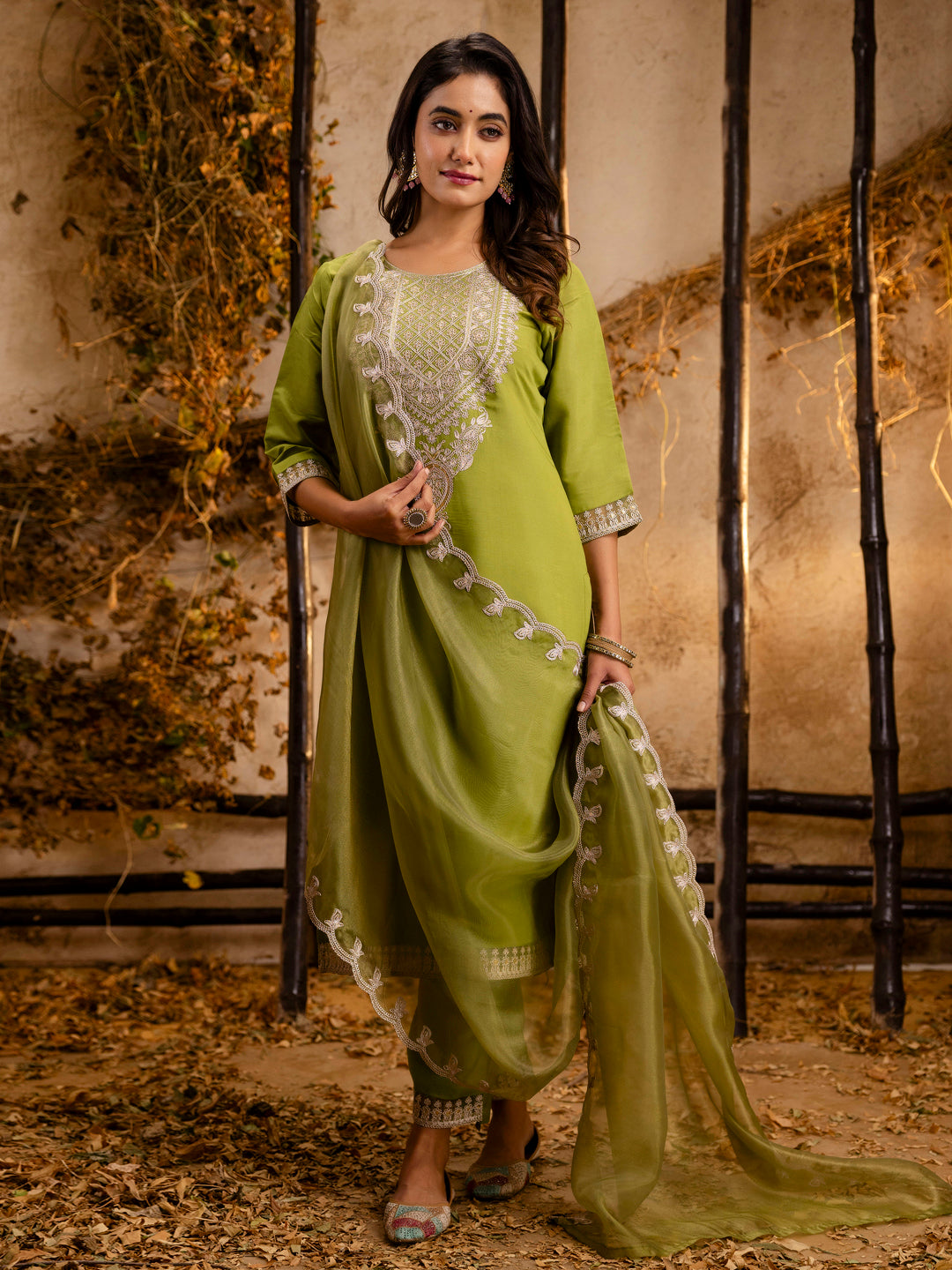 Women's Embroidered Silk Blend Calf Length Straight Kurta Trouser with Dupatta Set - FitVibe Fashion