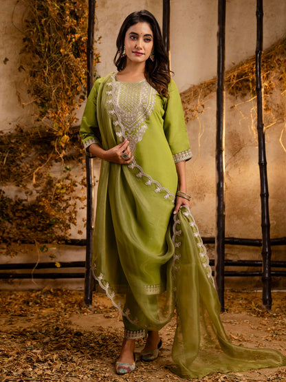 Women's Embroidered Silk Blend Calf Length Straight Kurta Trouser with Dupatta Set - FitVibe Fashion