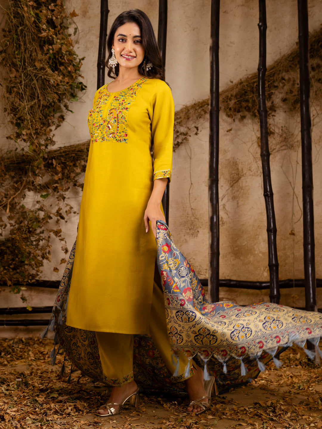 Women's Embroidered Viscose Rayon Calf Length Straight Kurta Trouser with Dupatta Set - FitVibe Fashion