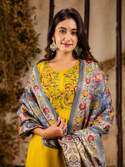 Women's Embroidered Viscose Rayon Calf Length Straight Kurta Trouser with Dupatta Set - FitVibe Fashion