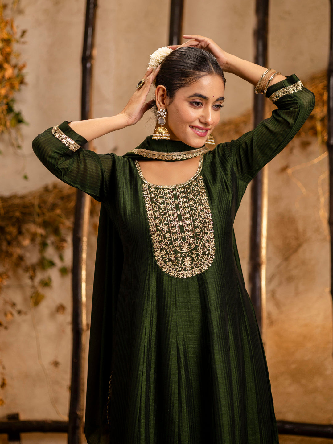 Women's Embroidered Silk Blend Anarkali Kurta Pant With Dupatta Set - FitVibe Fashion