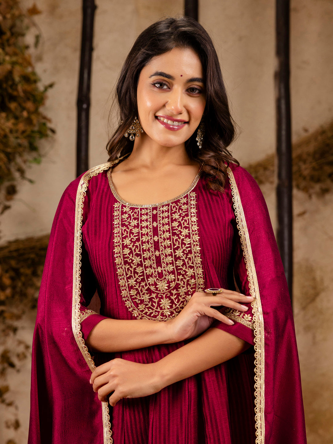 Women's Embroidered Silk Blend Anarkali Kurta Pant With Dupatta Set - FitVibe Fashion