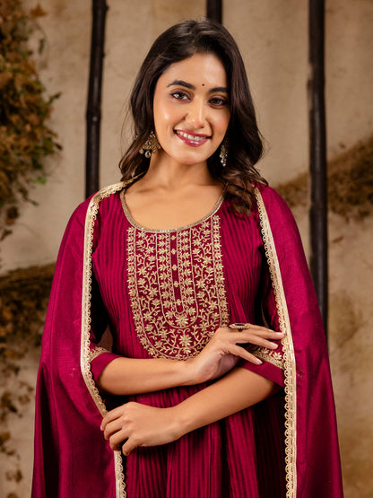 Women's Embroidered Silk Blend Anarkali Kurta Pant With Dupatta Set - FitVibe Fashion