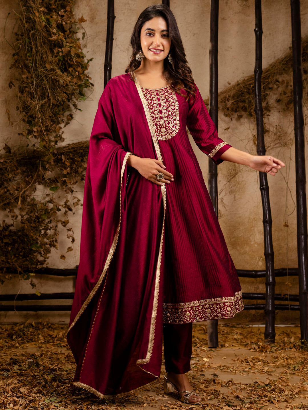 Women's Embroidered Silk Blend Anarkali Kurta Pant With Dupatta Set - FitVibe Fashion