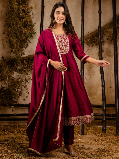 Women's Embroidered Silk Blend Anarkali Kurta Pant With Dupatta Set - FitVibe Fashion