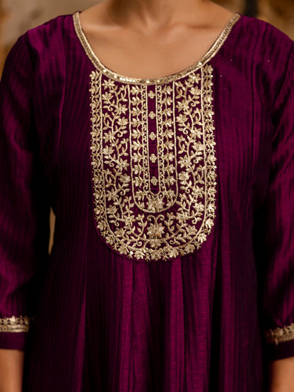 Women's Embroidered Silk Blend Anarkali Kurta Pant With Dupatta Set - FitVibe Fashion